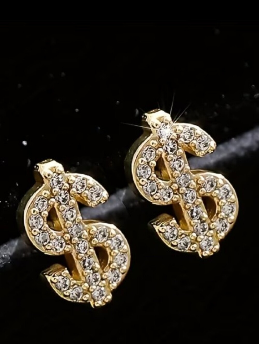 Gold Dollar Sign Crystal Stud Earrings - Unisex New